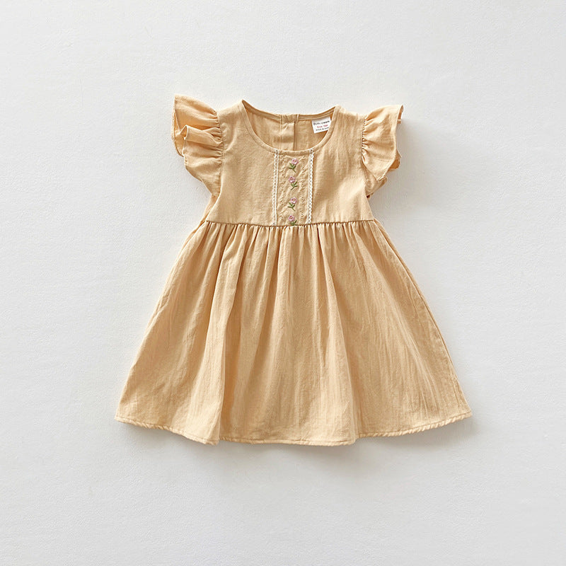 Girls Cotton Lace Embroidered Flower Short Sleeve Dress