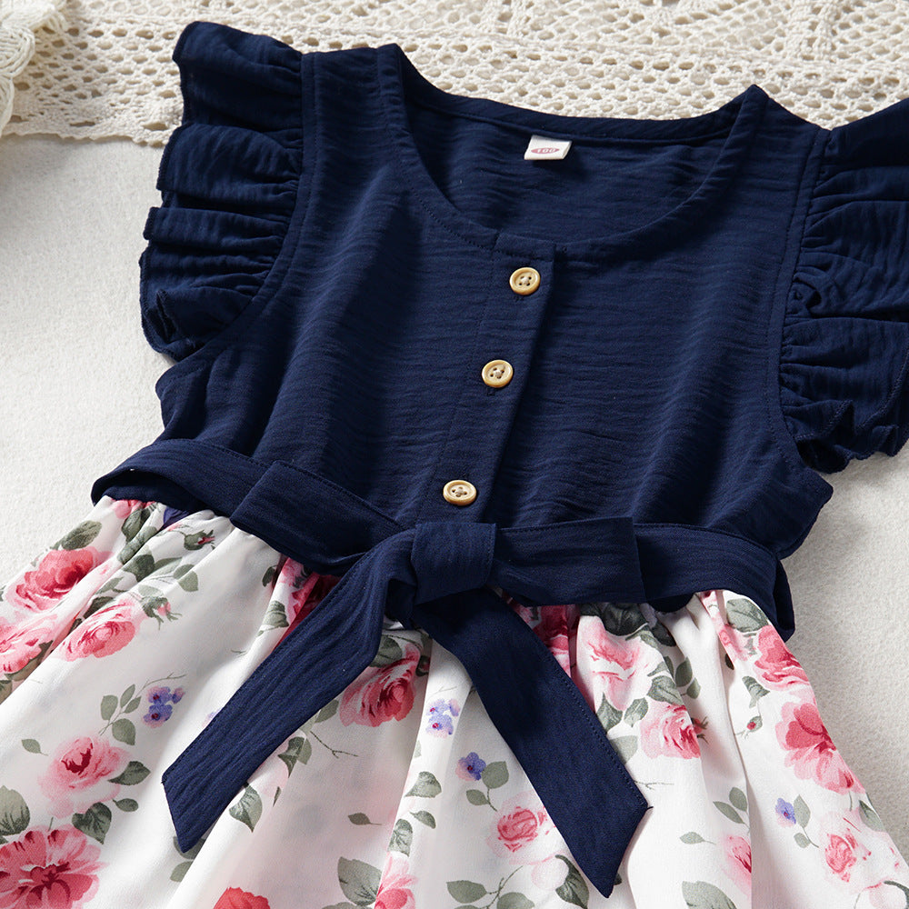 Children's Summer Spring And Summer Lace Sleeve Floral Princess Dress Free Lace-up