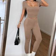 Women’s Short-Sleeve Crop Top and High-Waist Leggings 2-Piece Set