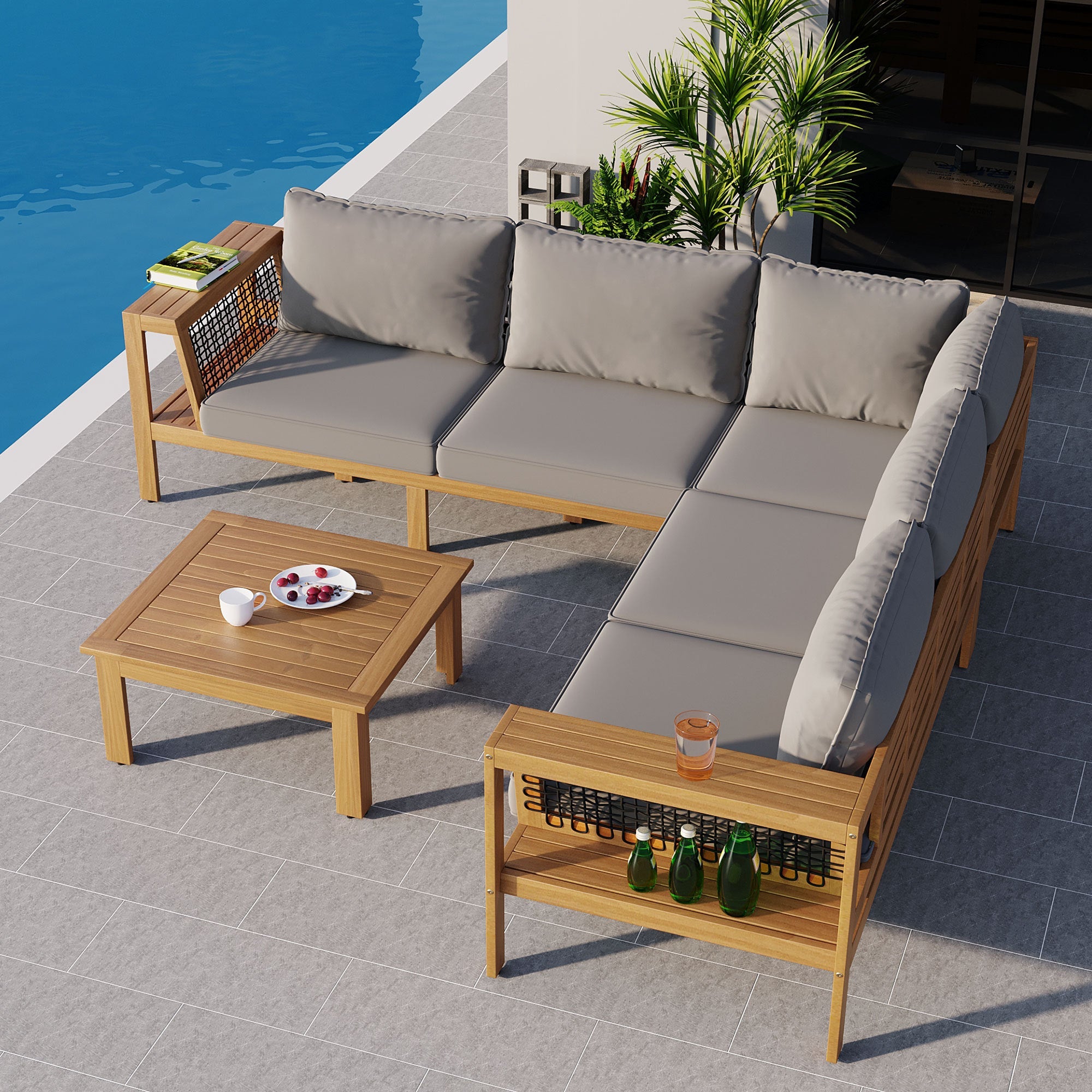 4 Pieces Outdoor Acacia Wood Sofa Set, Mga Habi na Mesh Armrest, L-Shaped