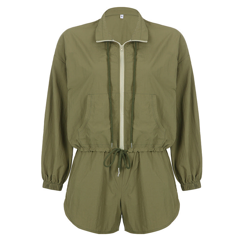 Long-sleeved Coat Shorts Two-piece Women's Army Green Zipper Stand-up Collar