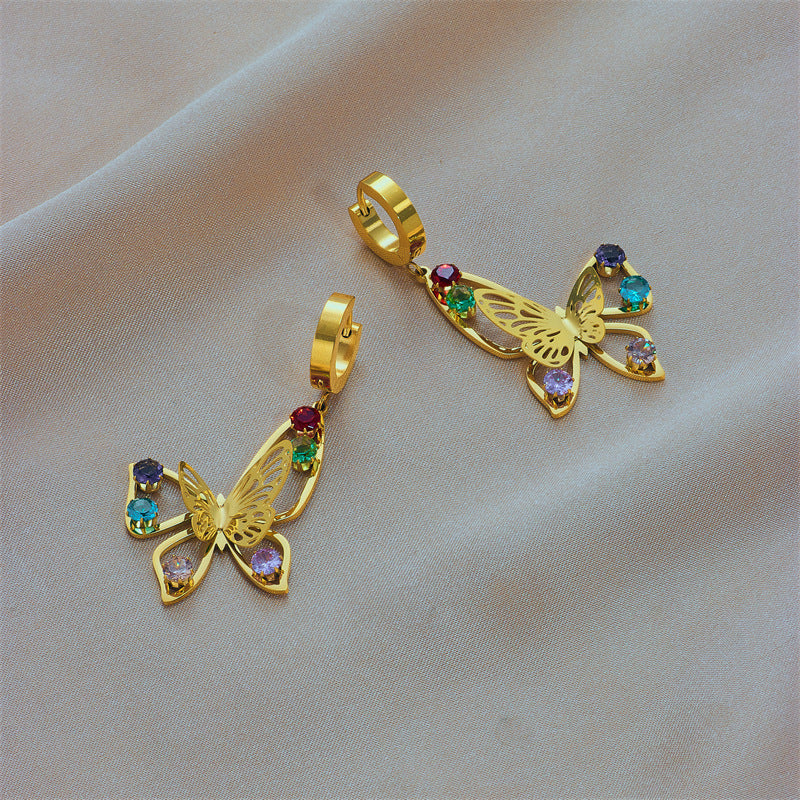 Titanium Steel Hollow Jeweled Butterfly Earrings