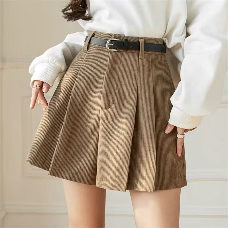 Women’s Corduroy Pleated Shorts – Slim Casual Wide-Leg, High-Waist