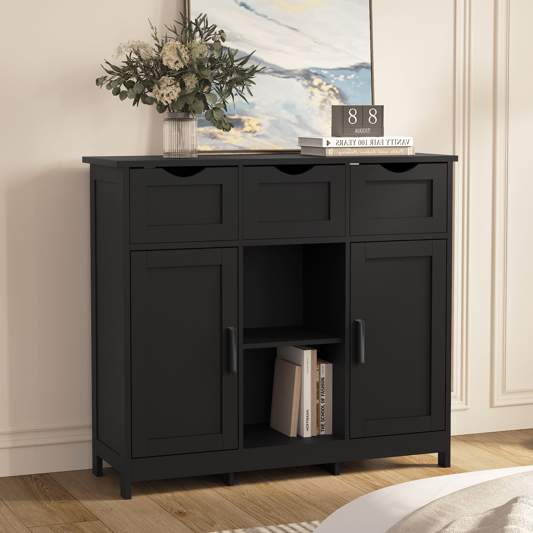Wooden Floor Storage Cabinet with Drawers and Shelves