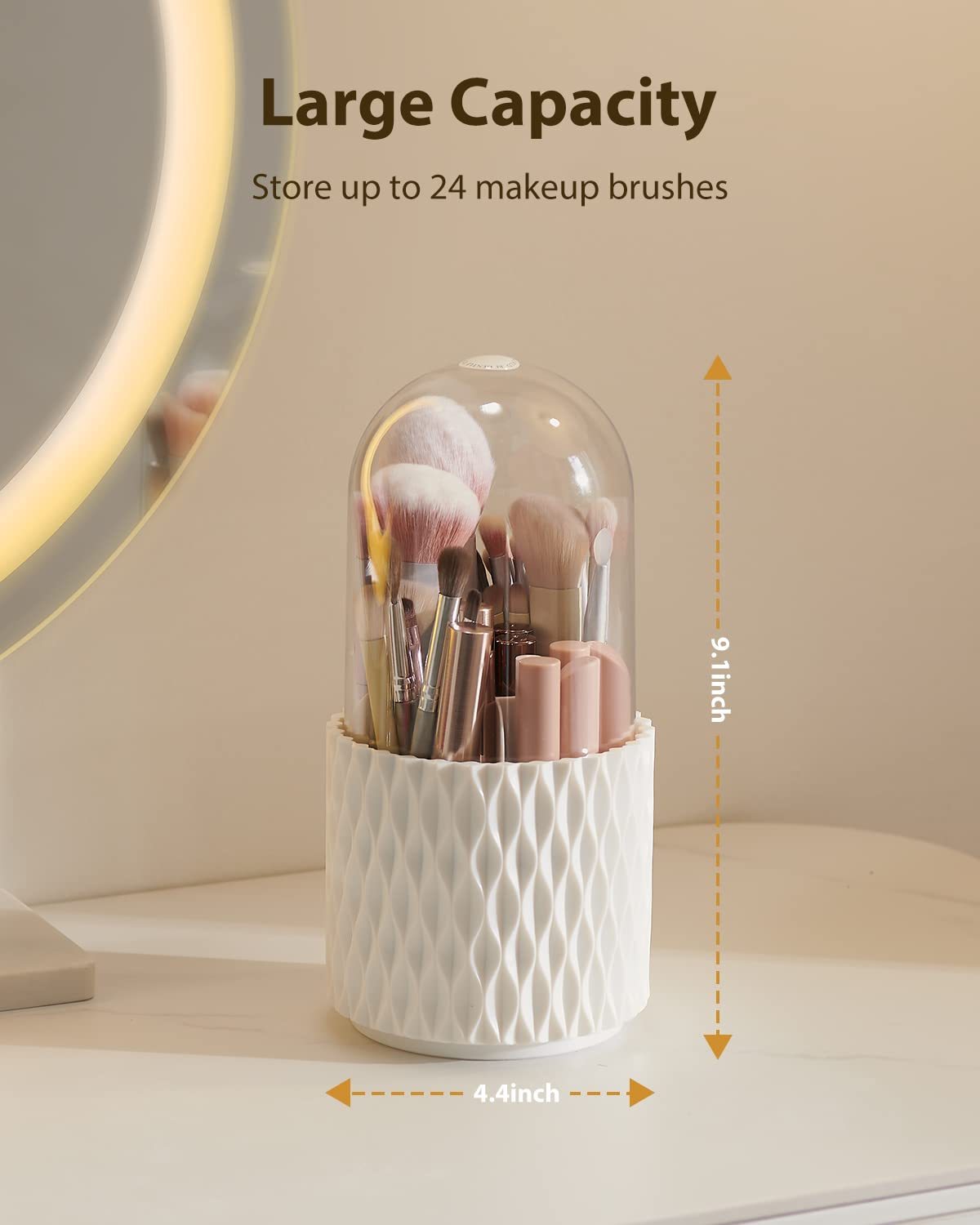 Makeup Brush Holder – Dustproof Waterproof 360° Rotating Organizer with Lid for Vanity