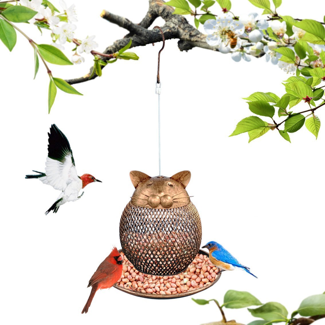 Cat Shaped Hanging Outdoor Bird Feeder Vintage Handmade Garden Decor