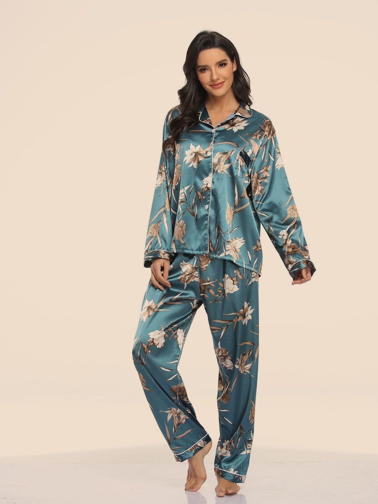 Women's Print Pajama Set Silk Look Polyester Long Sleeve