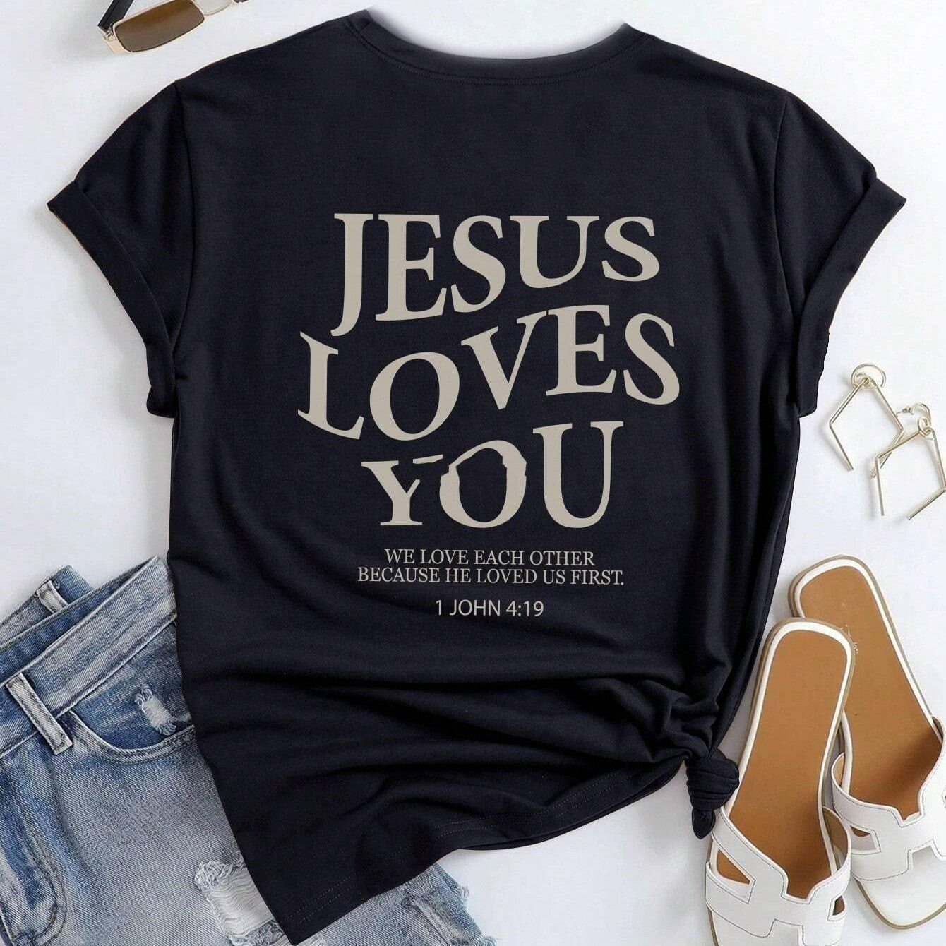 Womens Loose Fit Cotton Letter Print Tee Black Sizes