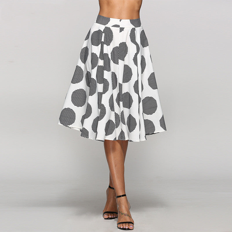 Large Polka Dot Slim Fit Mid-Length Skirt with Large Hem