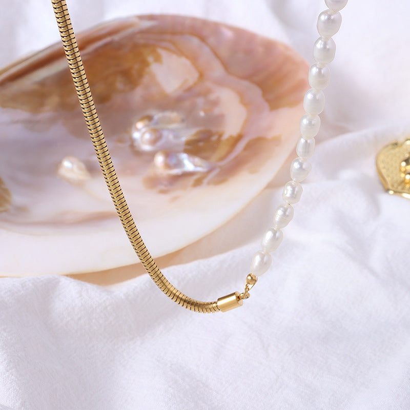Popular Freshwater Pearl Necklace Heavy Metal Chain Design Titanium Steel Clavicle Chain