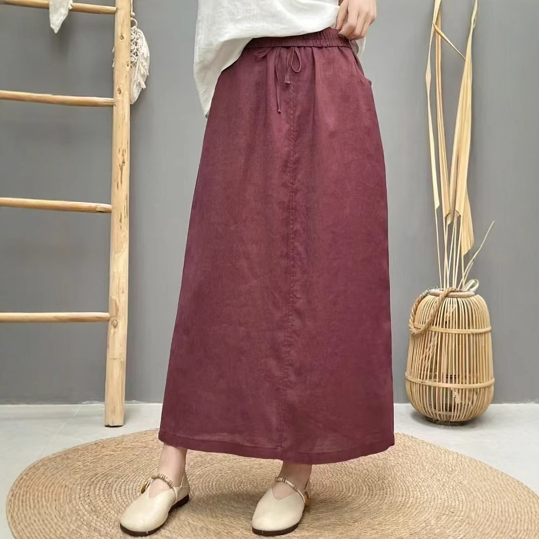 Women’s Linen Long Skirt – Solid Color Elastic Waist Maxi Skirt