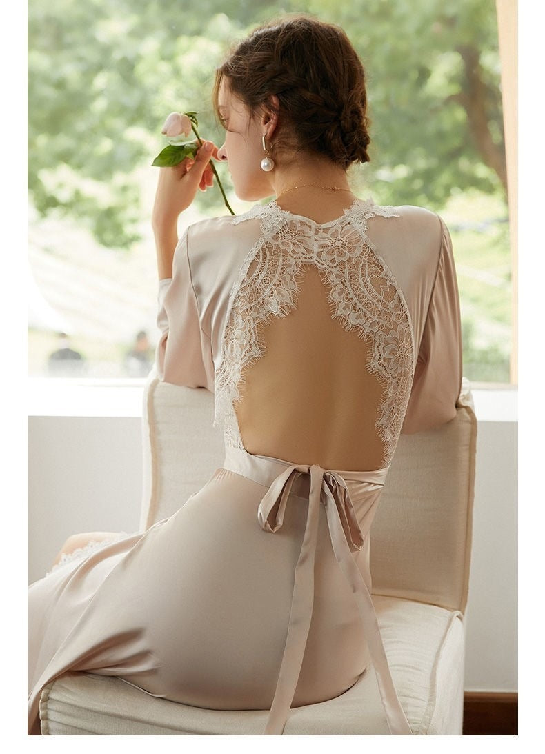Bridal French Wedding Beauty Back Lace Long Nightgown