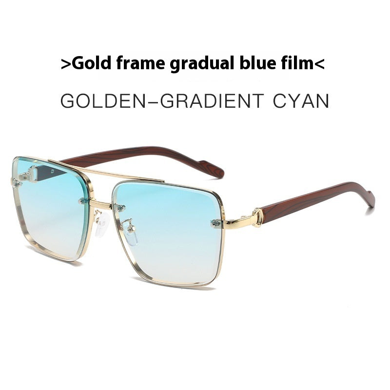 Metal Double Beam Frame Wood Grain Sunglasses