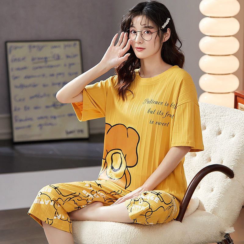 Women's Casual Cotton Short Sleeve Cropped Pants Loungewear Set