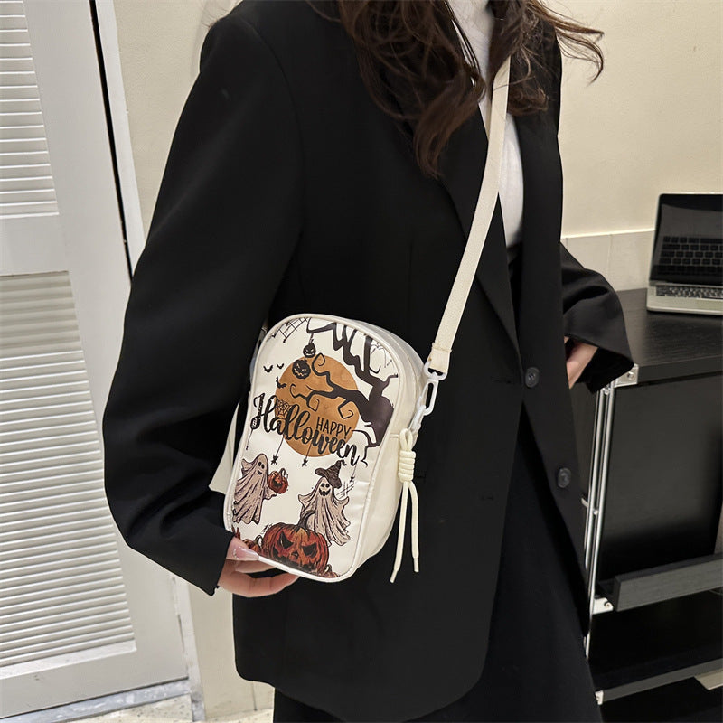 Halloween Crossbody Phone Bag – Cartoon Pumpkin, Ghost, and Bat Print Mini Shoulder Bag for Girls and Women
