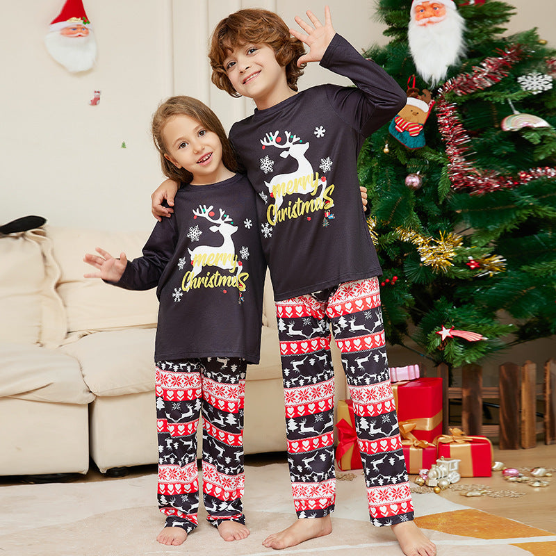 Christmas Cartoon Elk Letter Printing Round Neck Parent-child Home Wear Suit