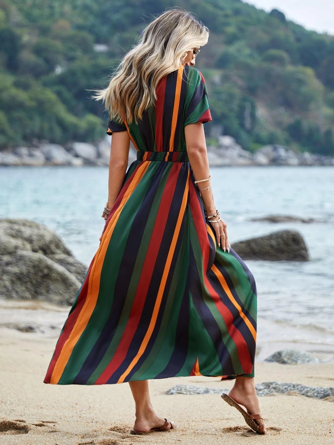 V-collar Contrast Color Striped Short Sleeve Holiday Waist Trimming Printing Maxi Dress