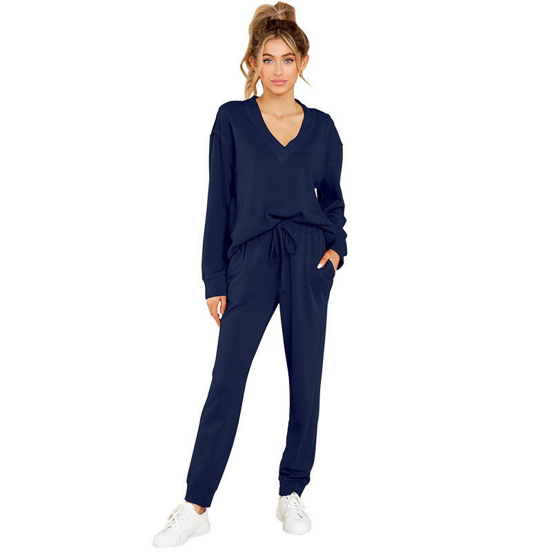 Unisex V Neck Loose Polyester Lounge Suit Solid Color