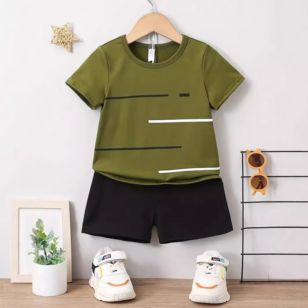 New Short-sleeved T-shirt Shorts Loose Color Matching Lines Two-piece Suit