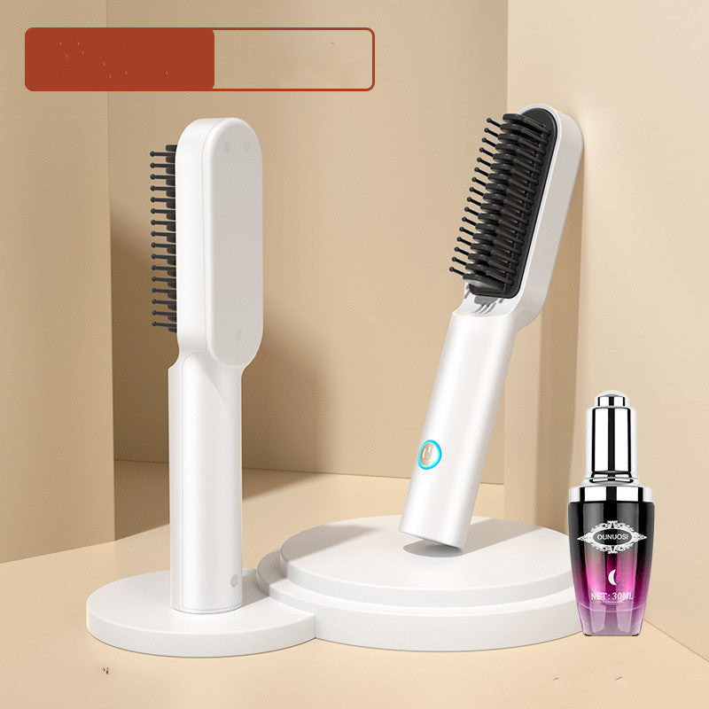 USB Rechargeable Hot Air Comb 2-in-1 Portable Hair Dryer Brush and Straightener Curler
