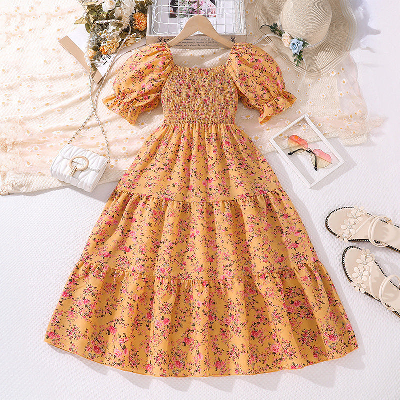 Girls Short Sleeve Cotton Blend Princess Dress Floral