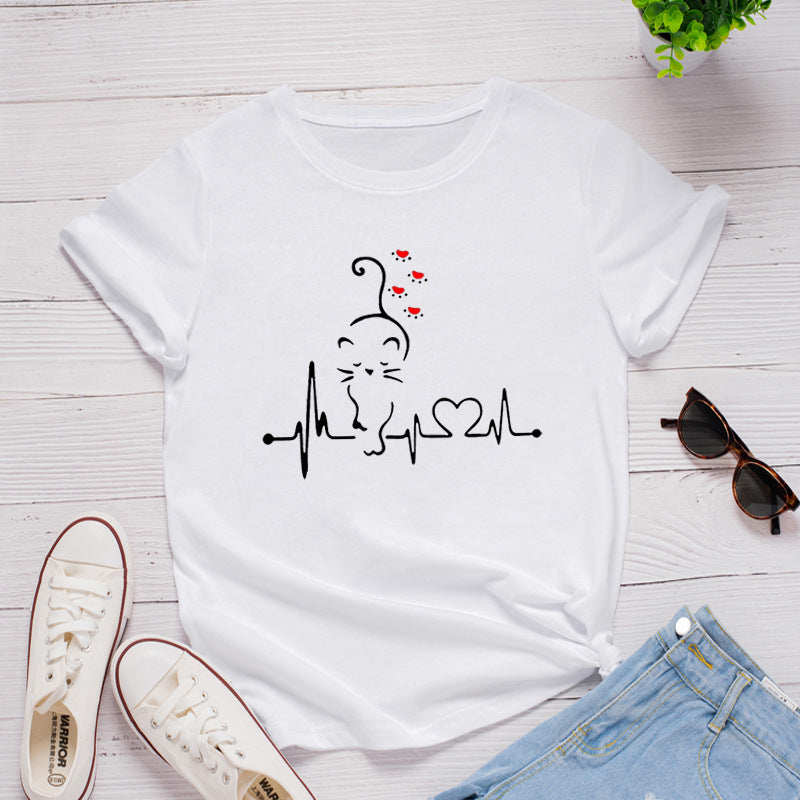 Heartbeat Pattern Printing Loose Round Neck Short Sleeve T-shirt Women