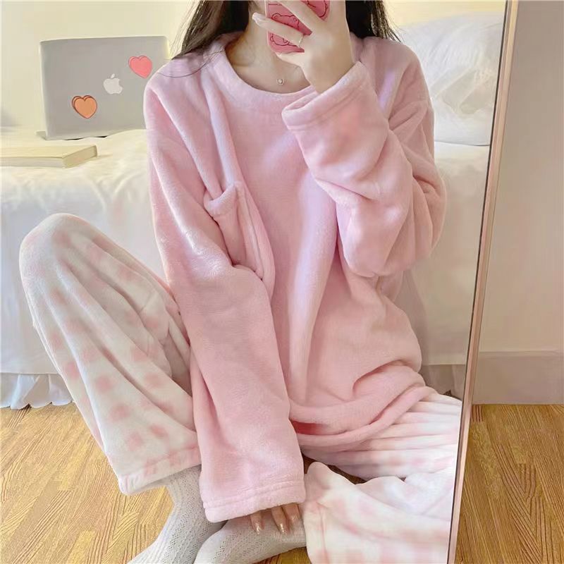 Womens Relaxed Flannel Thickened Loungewear Set Plaid