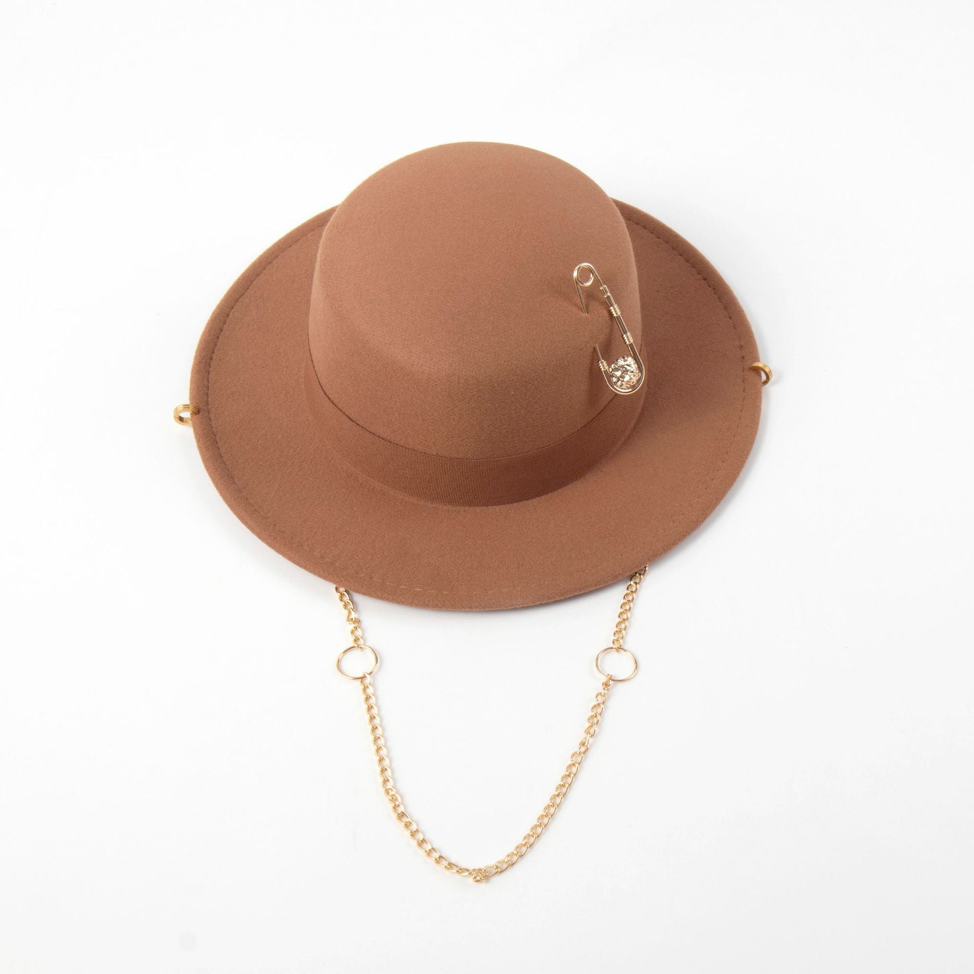 Handmade Woolen Flat Top Women’s Felt Cap with Pin Chain Decoration