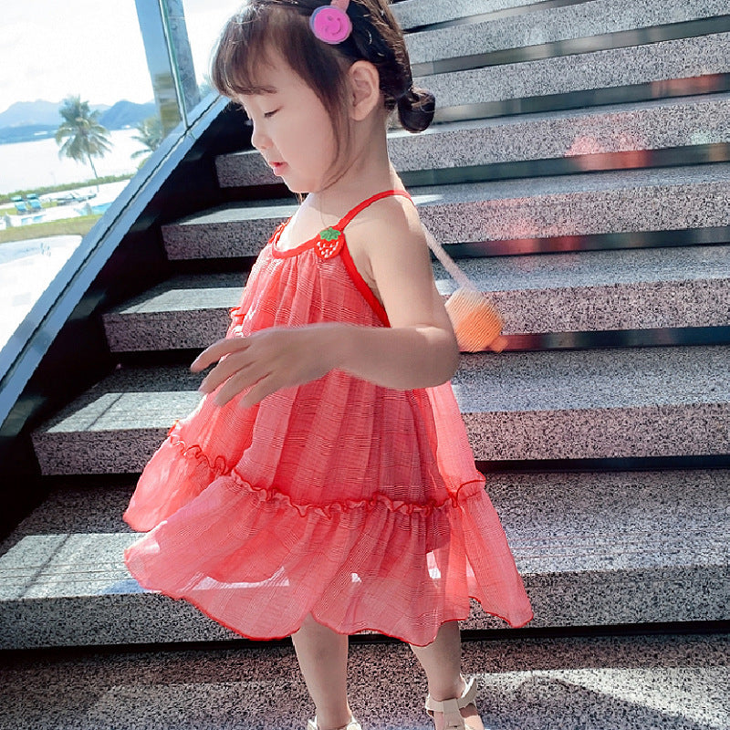 Girls' Skirt Strawberry Mesh Suspender Dress