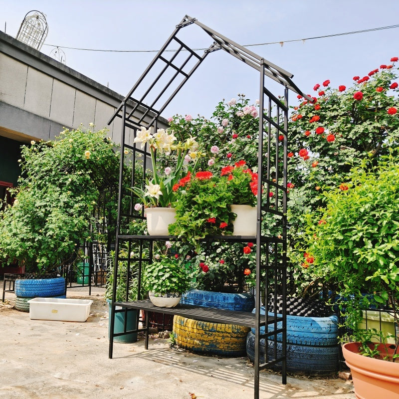 Metal Garden Arch with Convertible Benches – Outdoor Rose Arch with Climbing Plant Support, Black