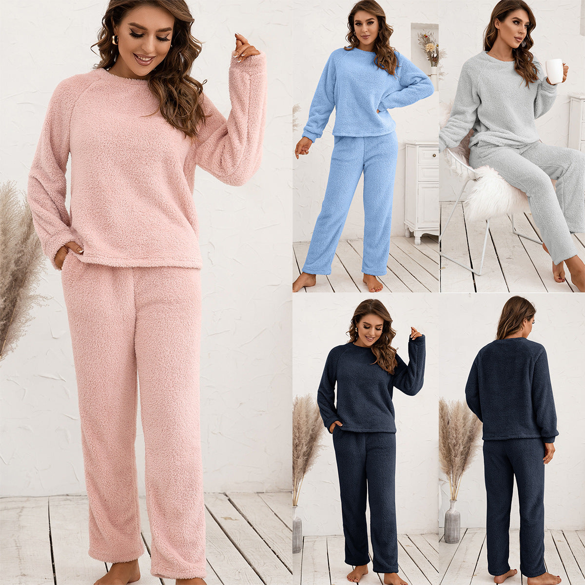 Unisex Relaxed Fit Plush Plain Two Piece Homewear Polyester
