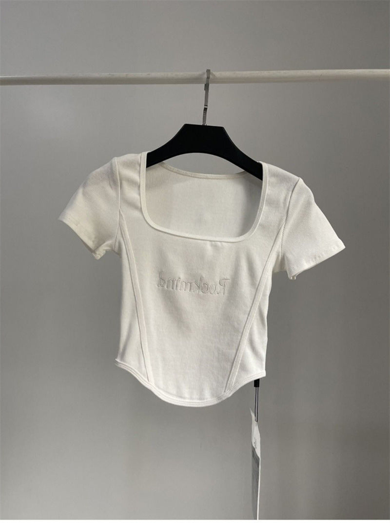 Hot Girl Short High Waist Crop Top Women's Summer Sexy Tight Curved Hem Short Sleeve T-shirt
