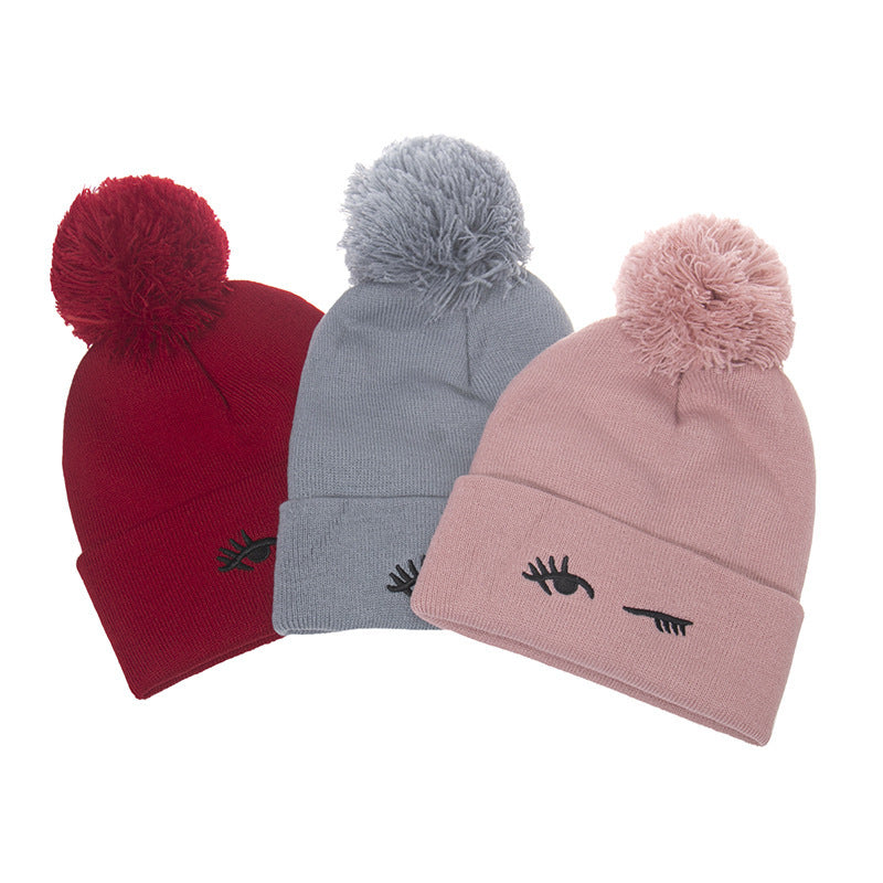 Blink Embroidery Cute Wool Plus Velvet Thick Knitted Hat