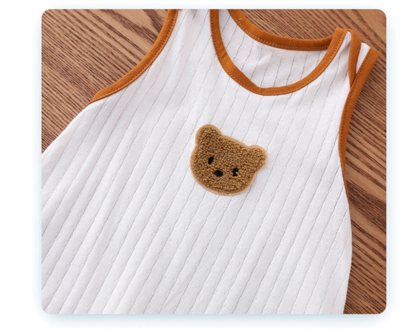 Summer Cartoon Cotton Jacquard Bear Wide Shoulder Jumpsuit