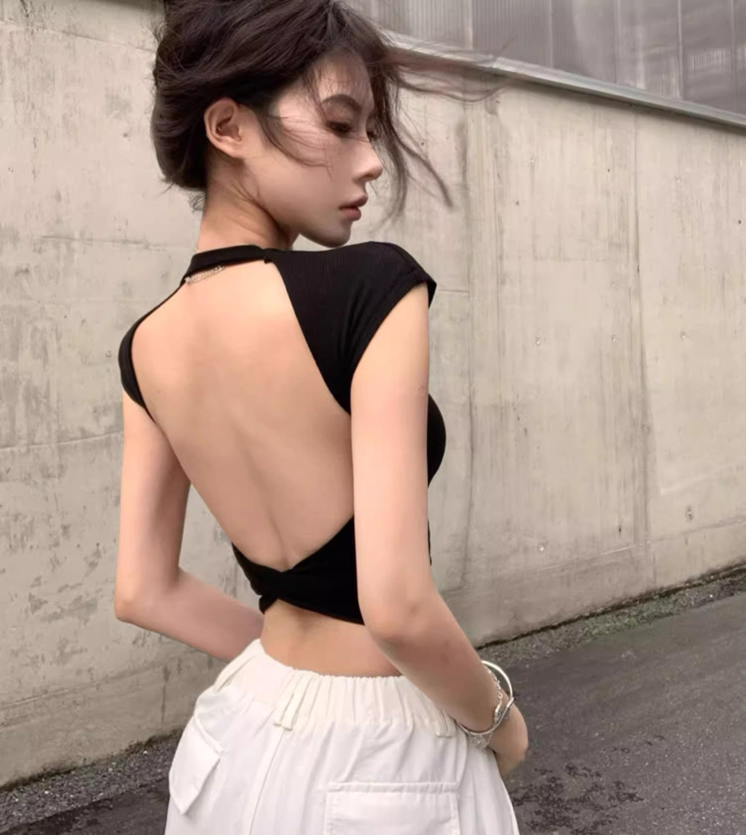 Cross Hollow Back Short-sleeved T-shirt For Women