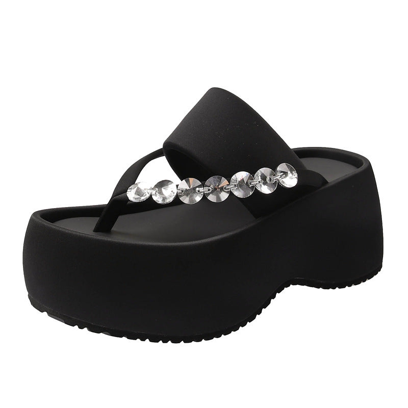 Women's Thick-soled Stylish Flip-flops Rhinestone Temperament Leisure Slippers