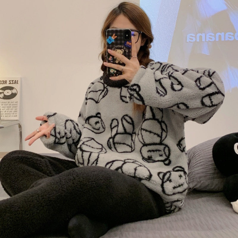 Womens Coral Fleece Winter Pajamas Relaxed Fit Long Sleeve