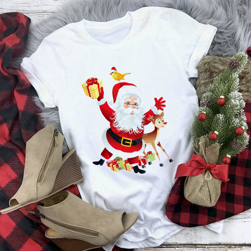 Christmas Cute Reindeer Print Short Sleeve T-shirt For Women