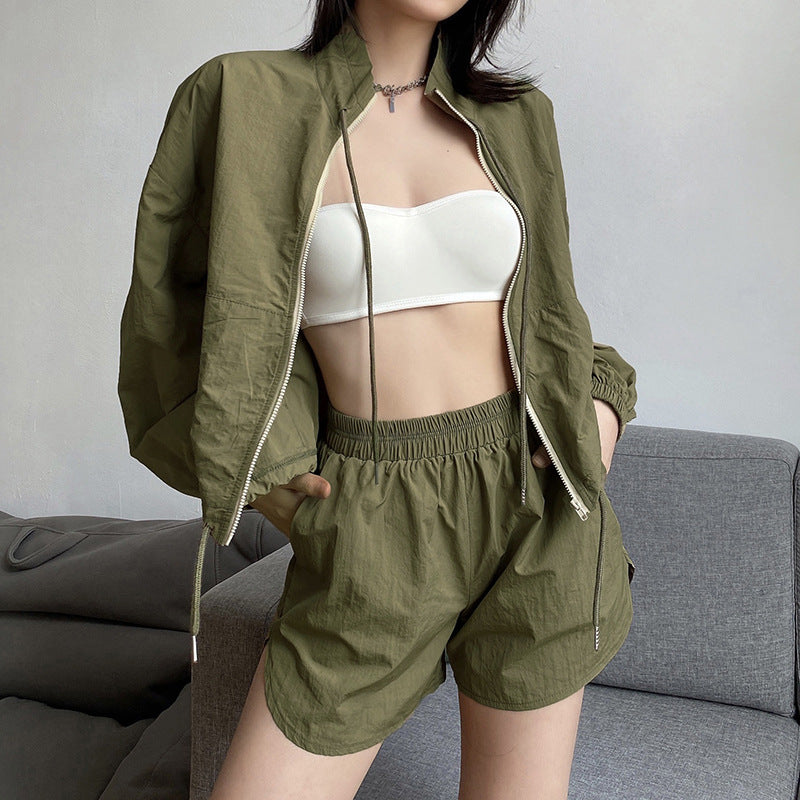 Long-sleeved Coat Shorts Two-piece Women's Army Green Zipper Stand-up Collar