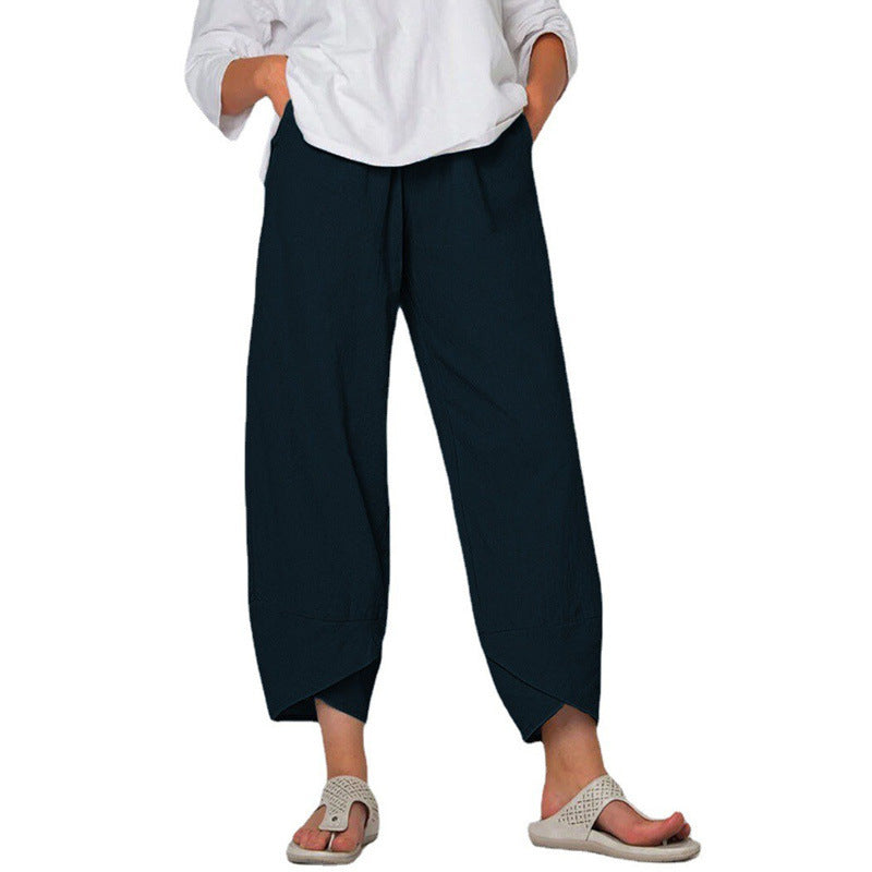 Women’s Cotton & Linen Wide-Leg Pants – Solid Color High-Waist Loose Casual Trousers