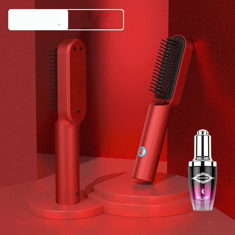 USB Rechargeable Hot Air Comb 2-in-1 Portable Hair Dryer Brush and Straightener Curler