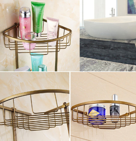 Copper Bathroom Corner Storage Basket – European Style Double Layer Wall-Mounted Organizer
