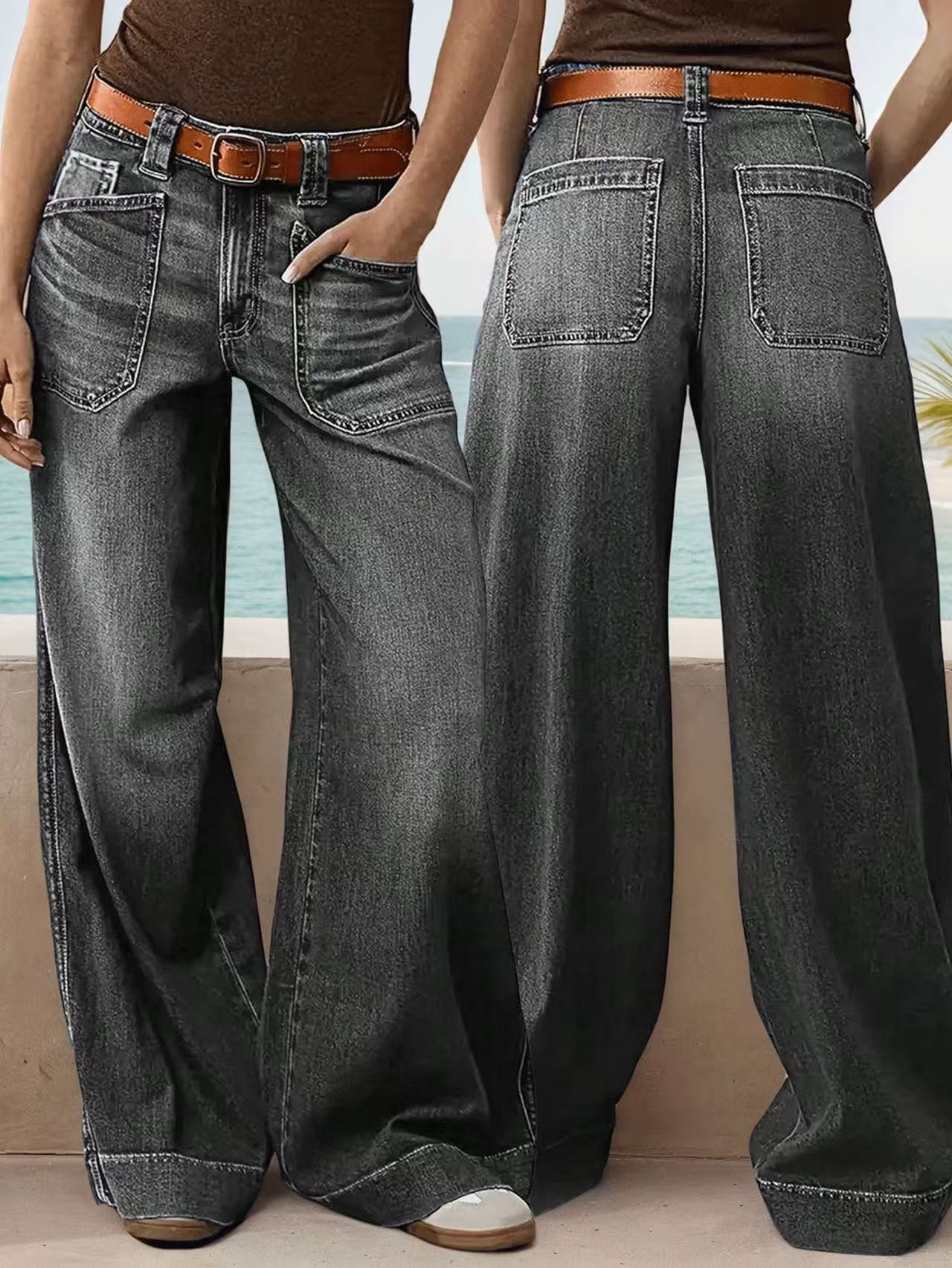 Unisex Wide-Leg Flared Denim Jeans – Mid-Waist Streetwear Hip Hop Style