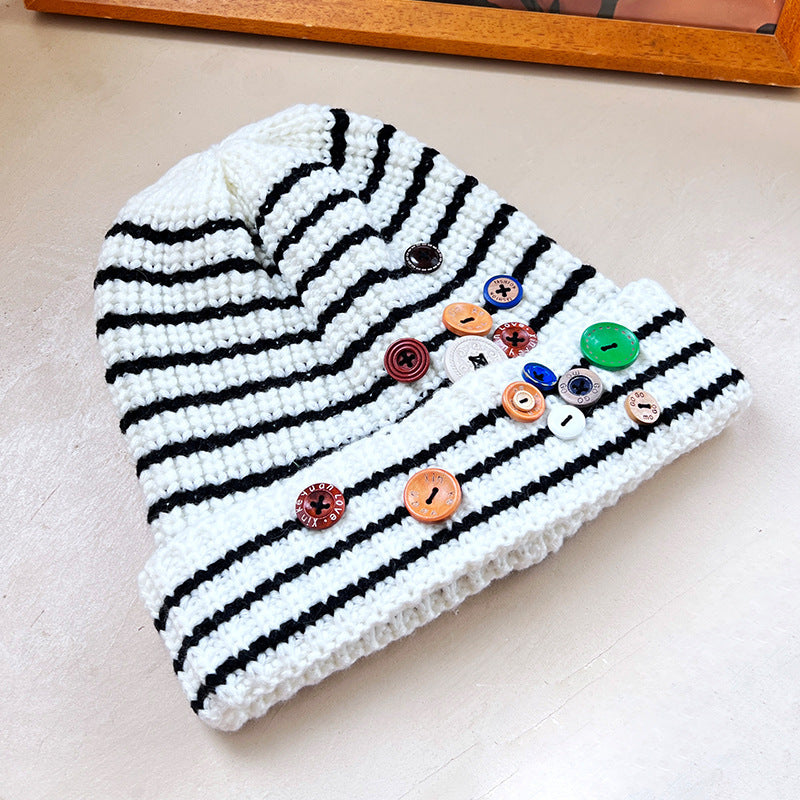 Autumn & Winter Buttons Knitted Hat – Warm Ear Protection, All-Match Cute Pile Heap Cap