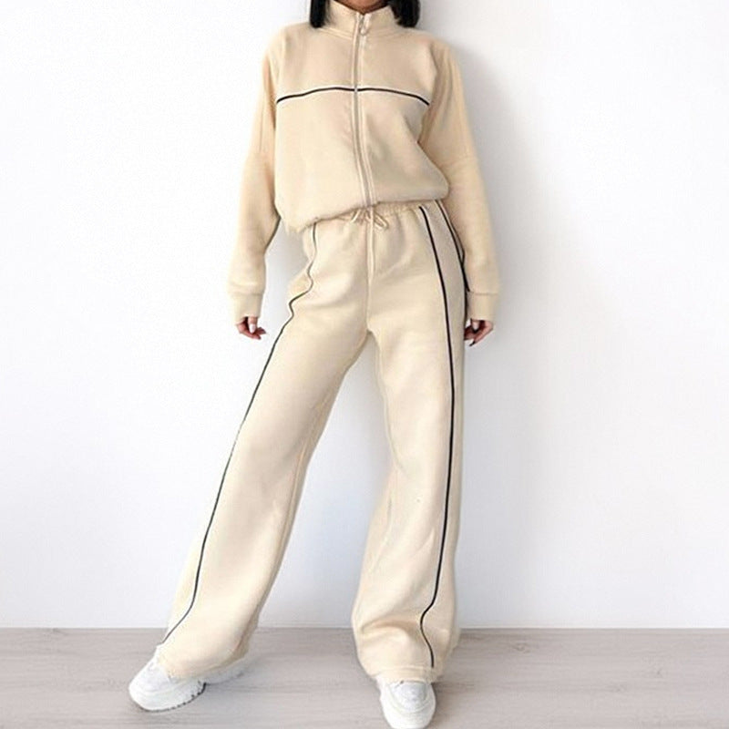 Unisex Striped Polyester Mock Neck Hoodie Suit With Trousers