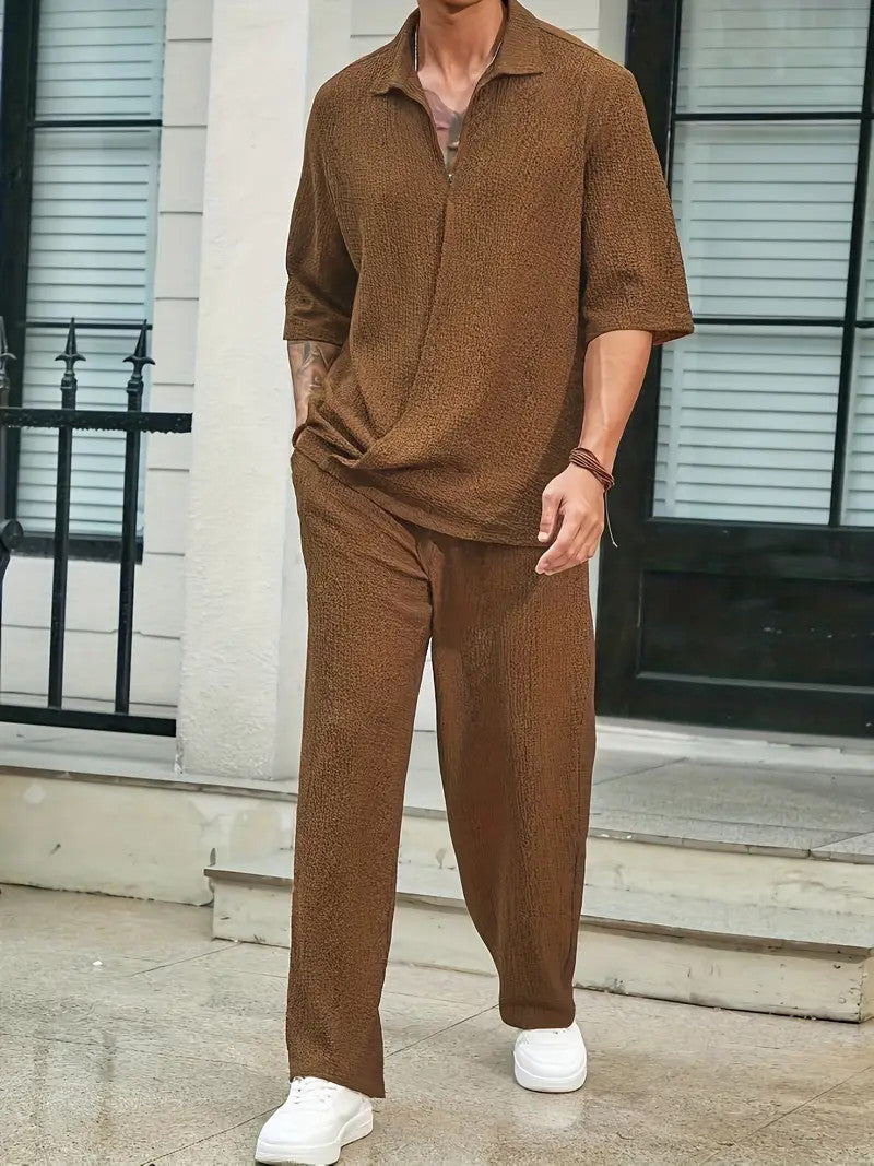 Set Pants Commuter Casual Fir Sheean V-neck Lesh Laueyn Gearr Set Daa-piece Briwnyn Corrugated