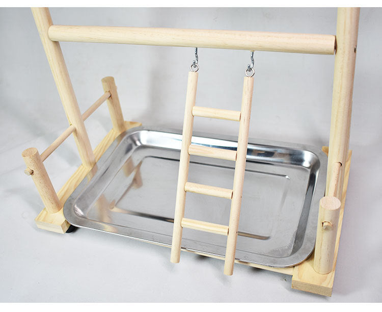 Solid Wood Bird Swing and Climbing Ladder with Double-Layer Stainless Steel Food Bowls – Parrot Playground Perch Toy