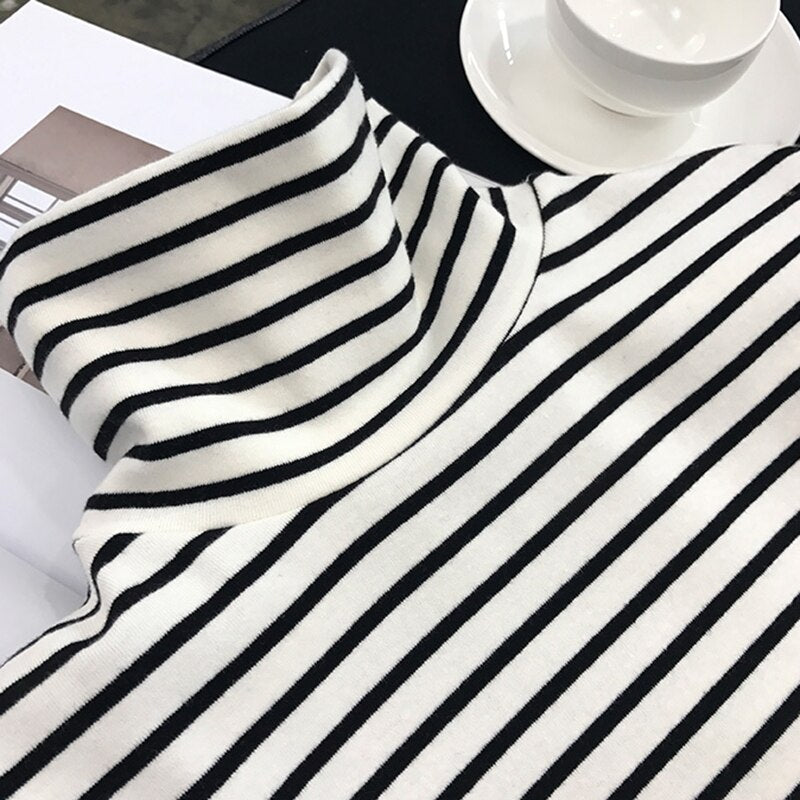 Women's High-Neck Striped Top – Cozy Early Autumn & Winter Long Sleeve Blouse