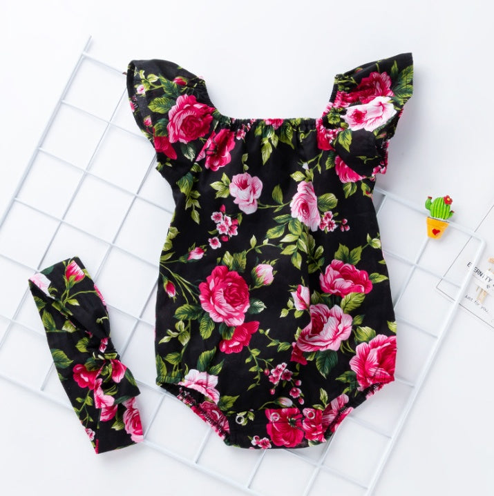 Cotton Baby Romper – Printed Infant Bodysuit with Small Flying Sleeves