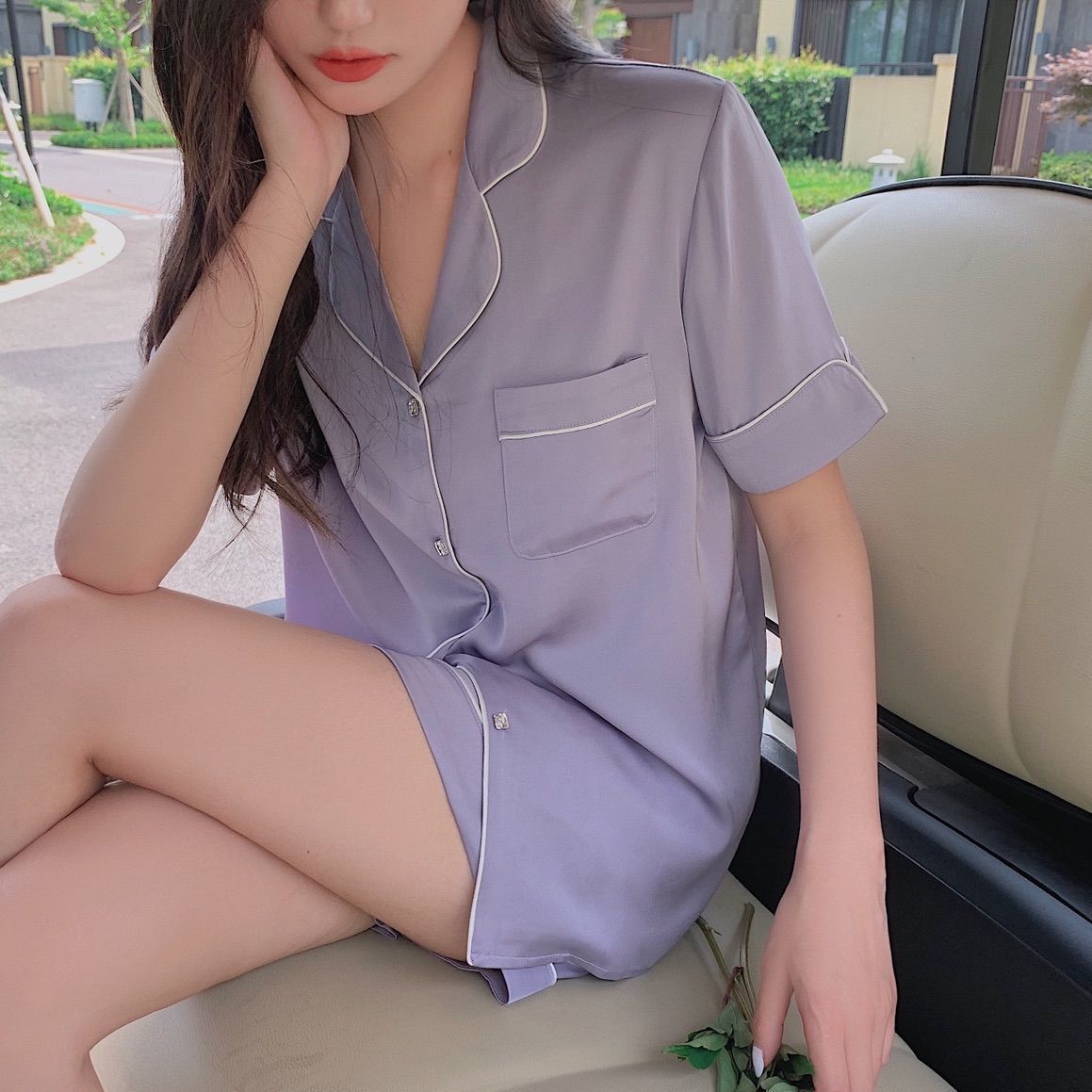 Short-sleeved Solid Color Loungewear Silk Two-piece Set